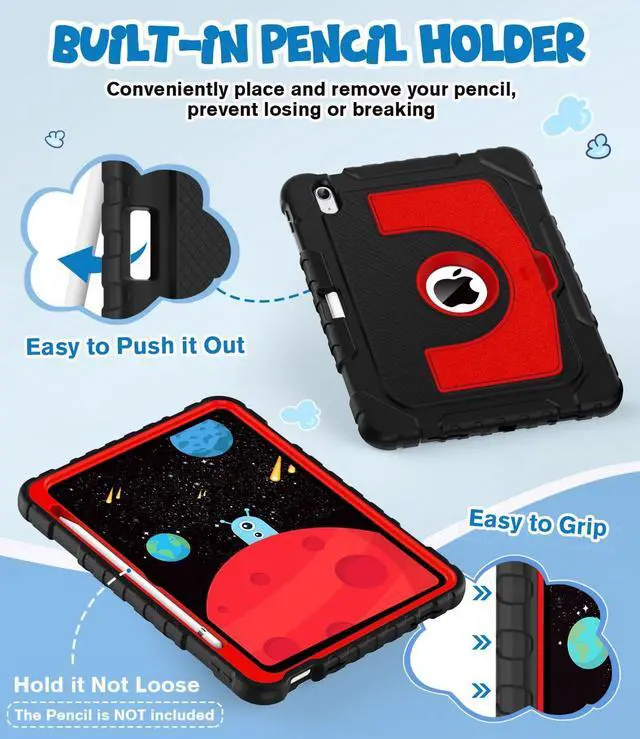 Alt view image 4 of 5 - OKP Kids Case for iPad 11 inch (A16) 2025/10.9'' (10th Generation) 2022, Shockproof Rugged 11th/ 10 th Gen iPad Protective Cover with Built-in Kickstand, Pencil Holder for Kids Girls Boys, Black+Red