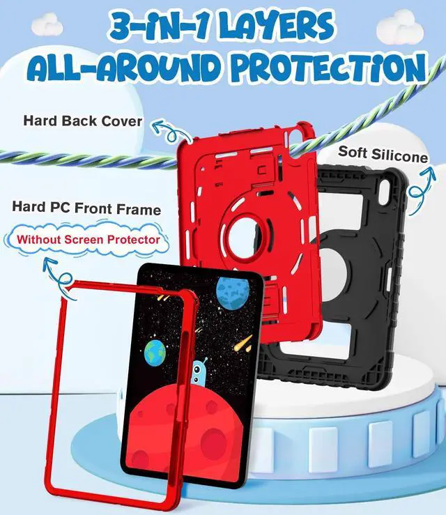 Alt view image 5 of 5 - OKP Kids Case for iPad 11 inch (A16) 2025/10.9'' (10th Generation) 2022, Shockproof Rugged 11th/ 10 th Gen iPad Protective Cover with Built-in Kickstand, Pencil Holder for Kids Girls Boys, Black+Red