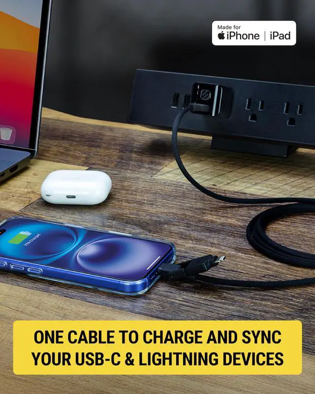 Alt view image 5 of 5 - Scosche CCi4B4PSG 2-in-1 Braided USB-C to C/USB-C to Lightning Multi-Device Charge and Sync Cable, 4FT Type-C Charger Fast Charging Cord Compatible with Apple iPhone, iPad, Galaxy and More, Black