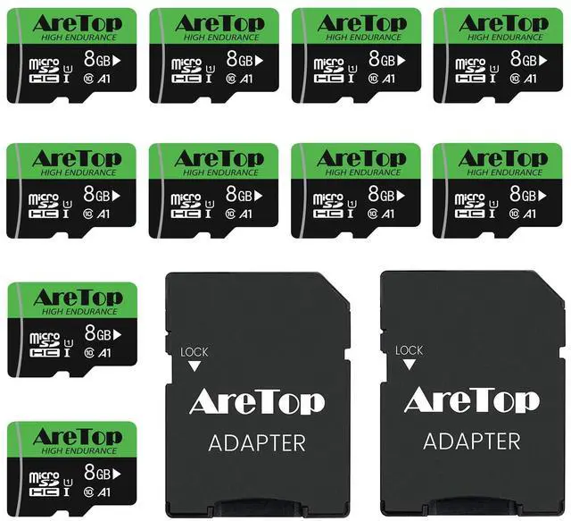 Main image of AreTop 8GB Micro SD Cards 10-Pack Micro Memory Cards with 2 Adapter, Read Speed up to 90MB/s UHS-I A1 U1 Class10, High Speed 8GB TF Cards for Tablet, Camera, Dash Cam, Game Console, 10Pack 8G