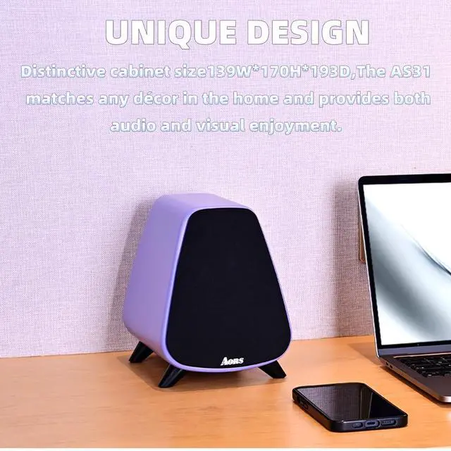 Alt view image 2 of 5 - AORS AS31 Active Bookshelf Speakers Bluetooth -2.0 Powered Speaker Stereo Computer Speakers for Desktop pc Monitor Speakers 80WRMS/3inch Bass RCA/Optic Inputs, Wooden Compact (Violet)