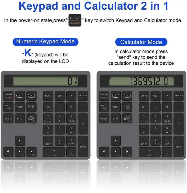 Alt view image 2 of 5 - Bluetooth Number Pad, Dual-Mode Bluetooth 5.0/2.4G Wireless Numeric Keypad with Display Calculator, 34-Key Portable Financial Accounting Numpad Data Entry & Calculation 2in1 for Laptop Desktop PC
