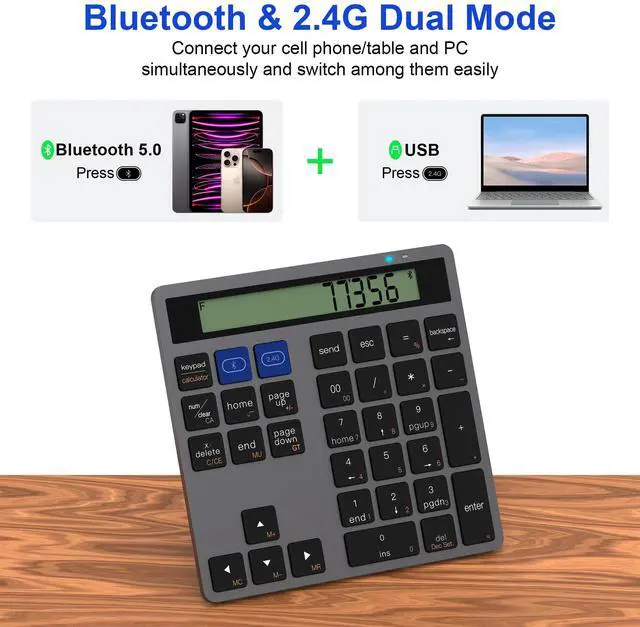 Alt view image 3 of 5 - Bluetooth Number Pad, Dual-Mode Bluetooth 5.0/2.4G Wireless Numeric Keypad with Display Calculator, 34-Key Portable Financial Accounting Numpad Data Entry & Calculation 2in1 for Laptop Desktop PC