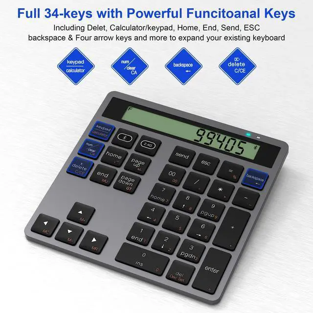 Alt view image 4 of 5 - Bluetooth Number Pad, Dual-Mode Bluetooth 5.0/2.4G Wireless Numeric Keypad with Display Calculator, 34-Key Portable Financial Accounting Numpad Data Entry & Calculation 2in1 for Laptop Desktop PC