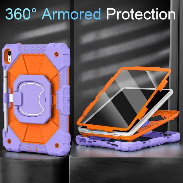 Alt view image 2 of 5 - Auizotl Case for iPad (A16) 11th/10th Generation 2025/2022,Kids Friendly 10th Gen iPad Case with Screen Protector 360° Rotating Stand,Heavy Duty Shockproof Cover for i Pad 11.0/10.9,Purple Orange