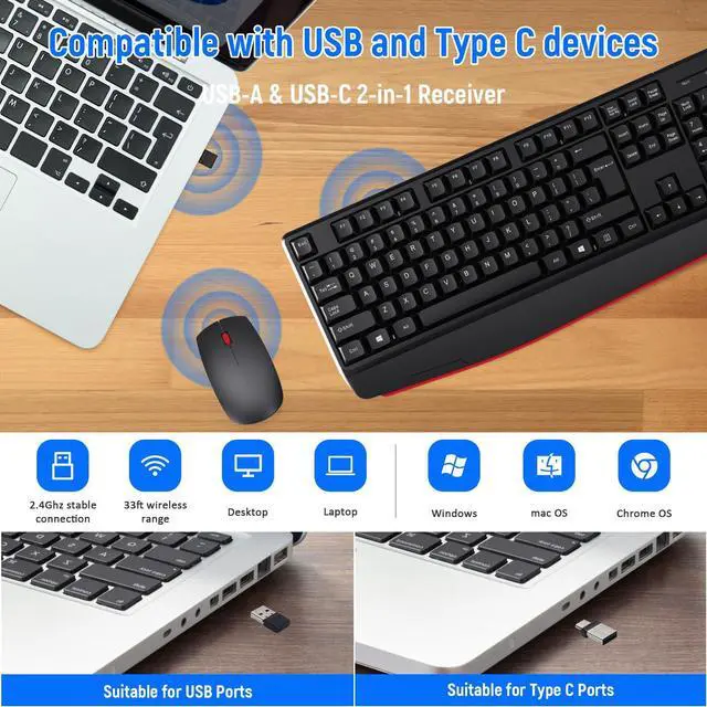 Alt view image 3 of 5 - Wireless Keyboard and Mouse Combo-Full Size QWERTY Layout 2.4G Stereo Keycap Ergonomically Designed Mechanical Keyboard Set for Windows, PC,Laptop, Notebook,Computer with USB-A&USB-C 2-in-1 Receiver