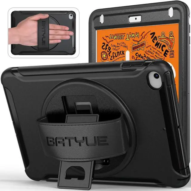 Main image of iPad mini 5 Case 2019, iPad mini 4 Case, BATYUE Three Layer Heavy Duty Full-Body Rugged Protective Case with 360 Rotation Stand/Leather Hand Strap for iPad mini 5th Generation 7.9 Inch Tablet (Black)