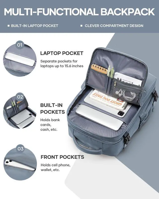 Alt view image 3 of 5 - bergsalz Travel Laptop Backpack For Women Men, Carry On Backpack, Airplane Travel Essentials For Women Work Backpack, Hiking Backpack Personal Item Travel Bag Laptop Backpacks, Grey Blue