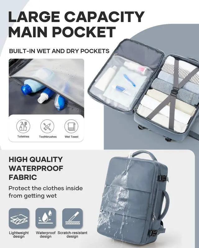 Alt view image 4 of 5 - bergsalz Travel Laptop Backpack For Women Men, Carry On Backpack, Airplane Travel Essentials For Women Work Backpack, Hiking Backpack Personal Item Travel Bag Laptop Backpacks, Grey Blue