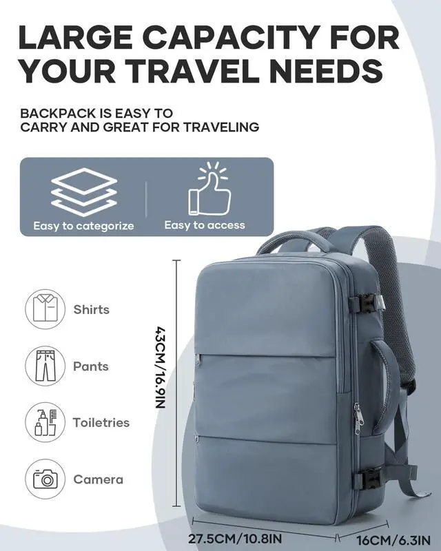 Alt view image 2 of 5 - bergsalz Travel Laptop Backpack For Women Men, Carry On Backpack, Airplane Travel Essentials For Women Work Backpack, Hiking Backpack Personal Item Travel Bag Laptop Backpacks, Grey Blue