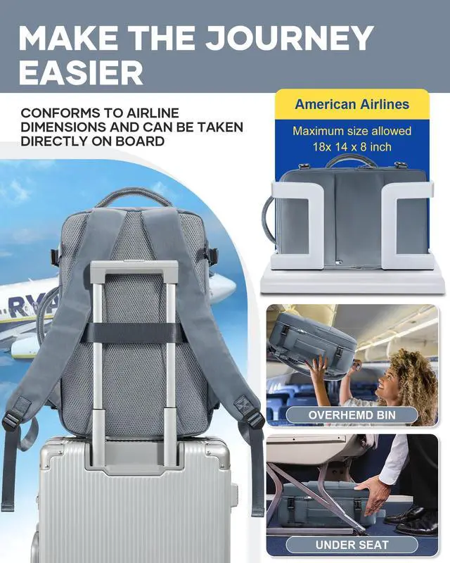 Alt view image 5 of 5 - bergsalz Travel Laptop Backpack For Women Men, Carry On Backpack, Airplane Travel Essentials For Women Work Backpack, Hiking Backpack Personal Item Travel Bag Laptop Backpacks, Grey Blue