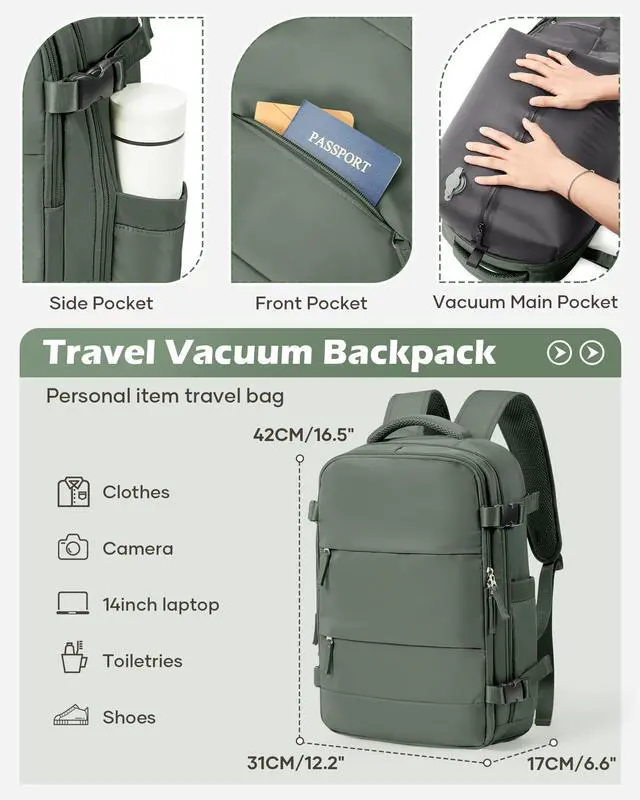 Alt view image 2 of 5 - bergsalz Vacuum Backpack Travel Laptop Backpacks For Women Men Carry On Backpack With Vacuum Compression Bags Seal Packing Personal Item Travel Bag Airback Backpacks With Pump Olive Green
