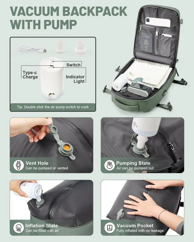 Alt view image 3 of 5 - bergsalz Vacuum Backpack Travel Laptop Backpacks For Women Men Carry On Backpack With Vacuum Compression Bags Seal Packing Personal Item Travel Bag Airback Backpacks With Pump Olive Green