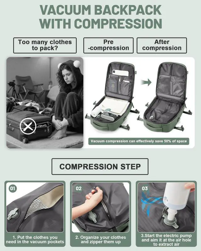 Alt view image 4 of 5 - bergsalz Vacuum Backpack Travel Laptop Backpacks For Women Men Carry On Backpack With Vacuum Compression Bags Seal Packing Personal Item Travel Bag Airback Backpacks With Pump Olive Green