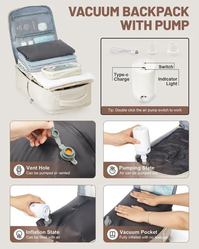 Alt view image 3 of 5 - bergsalz Vacuum Backpack With Pump,Travel Laptop Backpacks For Women Men,Carry On Backpack,Airback Backpacks With Vacuum Compression Bags Seal Packing,Personal Item Travel Bag Beige