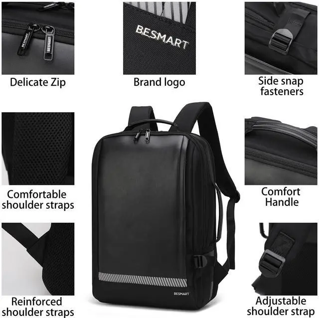 Alt view image 5 of 5 - BESMART Waterproof Laptop Backpacks with USB Charging Port & Trolley Sleeve, Shockproof 15.6 Inch Computer Bag for Men Women, Boarding Travel Backpack Casual Daypack for College/Business/Work, Black
