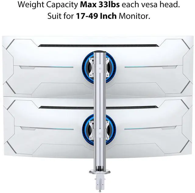 Alt view image 2 of 5 - BEWISER Dual Monitor Desk Mount- Vertical Heavy Duty Monitor Stand Clamp Mount Fits Two 17 to 49 Inch Screen with Swivel, Tilt, Height Adjustable,Weight Capacity up to 33 lbs