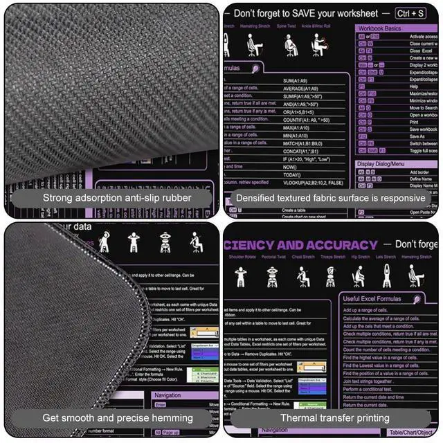 Alt view image 3 of 5 - Boaulee Office Excel Cheat Sheet Desk Pad, Gaming Excel Shortcuts Mousepad, Large Mouse Pad for Desk, 35.4"x11.8" Computer Desk Mat, Anti Slip Keyboard Pad with Shortcuts-ts1118