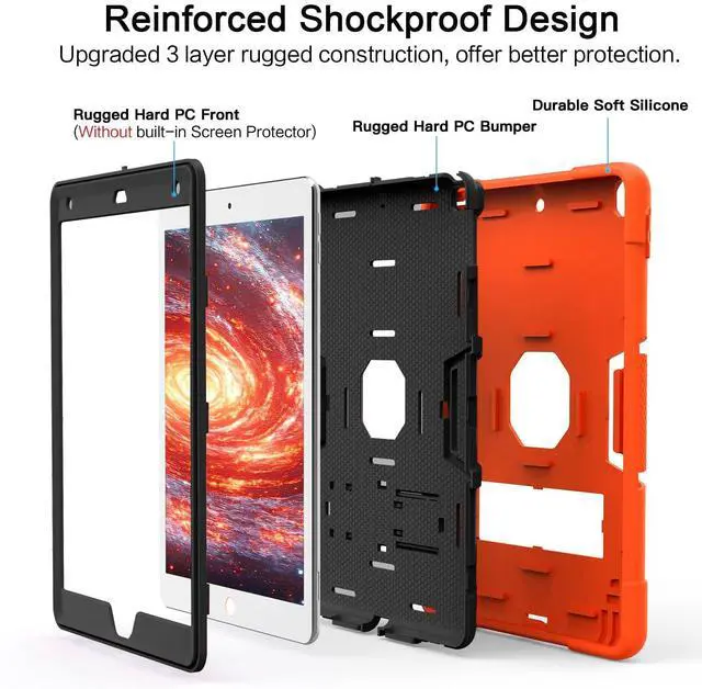 Alt view image 3 of 5 - Cantis Case for ipad 9th Generation/ 8th Generation/ 7th Generation, Slim Heavy Duty Shockproof Rugged Protective Case with Built-in Stand for iPad 10.2 inch 2021/2020/2019, Orange+Black