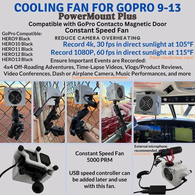 Alt view image 2 of 5 - 9Thirteen, Cooler Fan/Case. Works with GoPro HERO9, HERO10, HERO11, HERO12, HERO13, Reduce Overheating in Static Environments at Sporting Events, Vlogging, Dash,Airplane Cam (White, PowerMount Plus)