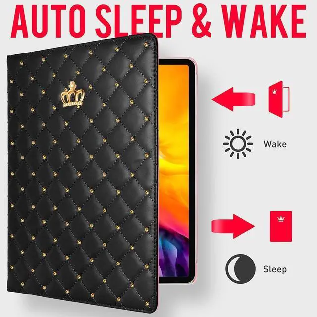 Alt view image 4 of 5 - Changjia for iPad Air 11 Inch Case M3 (2025)/M2 (2024),iPad Air 5th/4th Generation 10.9 Inch (2022/2020) with Pencil Holder,Girly Cute Crown Diamond Elegant Auto Sleep/Wake Stand Protective Case,Black