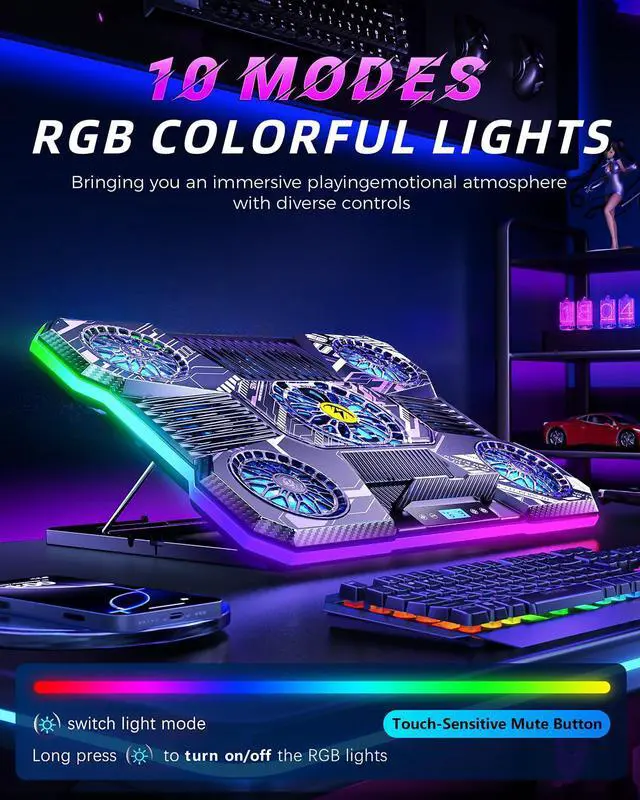 Alt view image 3 of 5 - ChillCore Laptop Cooling Pad, RGB Laptop Fan Cooling Pad 9 Fans for 15.6-19.3 Inch Laptops, Gaming Laptop Cooler with 8 Height Stands, 2 USB Ports - A21 Pattern