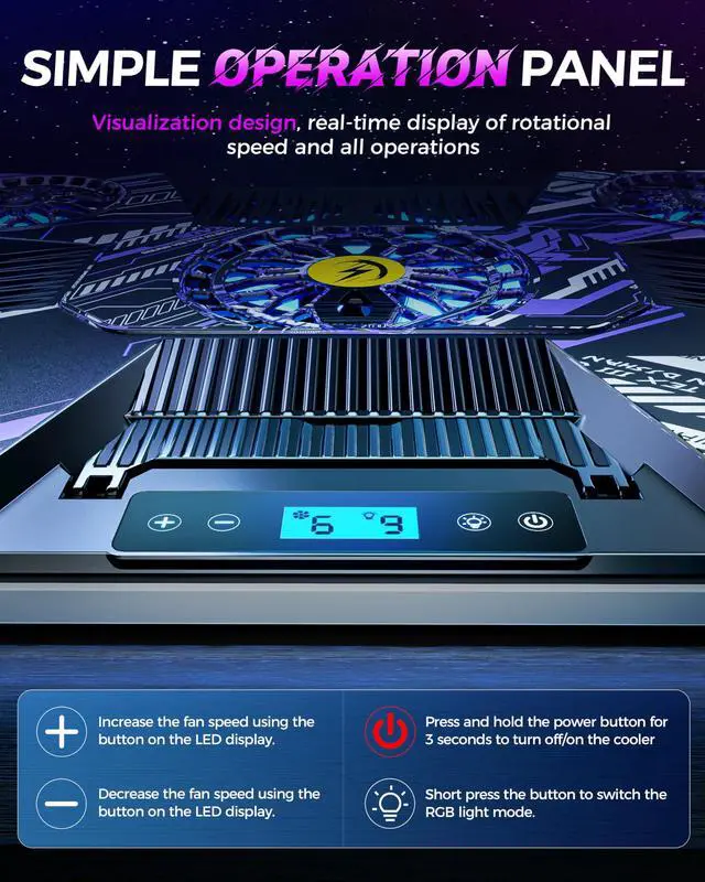 Alt view image 4 of 5 - ChillCore Laptop Cooling Pad, RGB Laptop Fan Cooling Pad 9 Fans for 15.6-19.3 Inch Laptops, Gaming Laptop Cooler with 8 Height Stands, 2 USB Ports - A21 Pattern