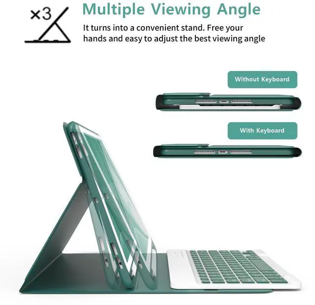 Alt view image 5 of 5 - Keyboard Case for iPad 9th/8th/7th Generation 10.2", for iPad 9th Generation Case With Magnetic Detachable Wireless Keyboard, Auto Sleep/Wake Function,for iPad Pro 10.5" / iPad Air 3rd Gen(Dark Green)