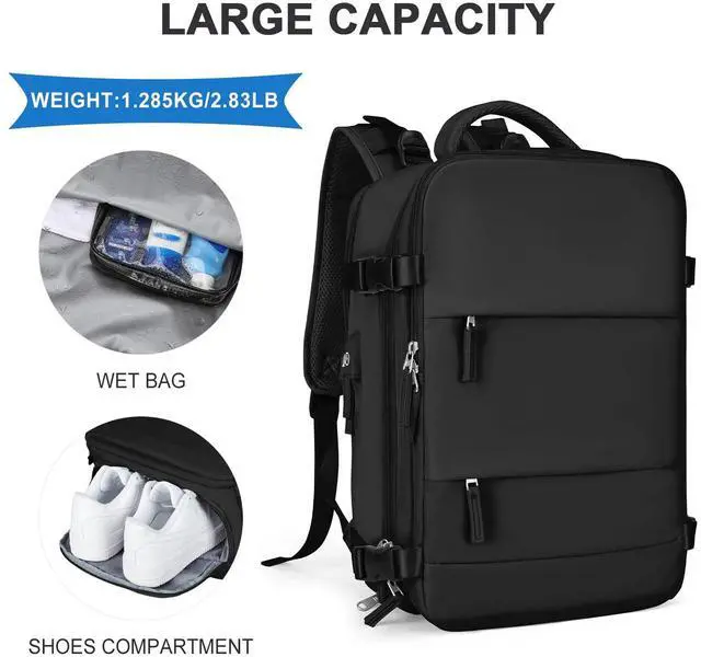 Alt view image 4 of 5 - coowoz Large Travel Backpack For Women Men,Carry On Backpack Flight Approved,Hiking Backpack Waterproof Outdoor Sports Rucksack Casual Daypack Fit 15.6 Inch Laptop Shoes Compartment (Black)