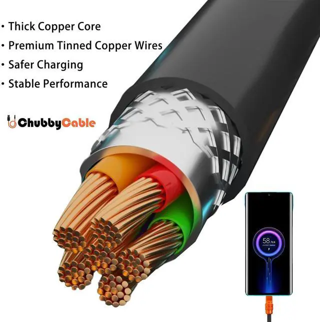 Alt view image 4 of 5 - chubbycable Anodized 240W Reflective Shine Charge Cable Durable Soft Silicone USB C Cable Extra Thick Phone Charger Cord, Black+Lavender Purple,Type-C to Type-C, 6.6FT