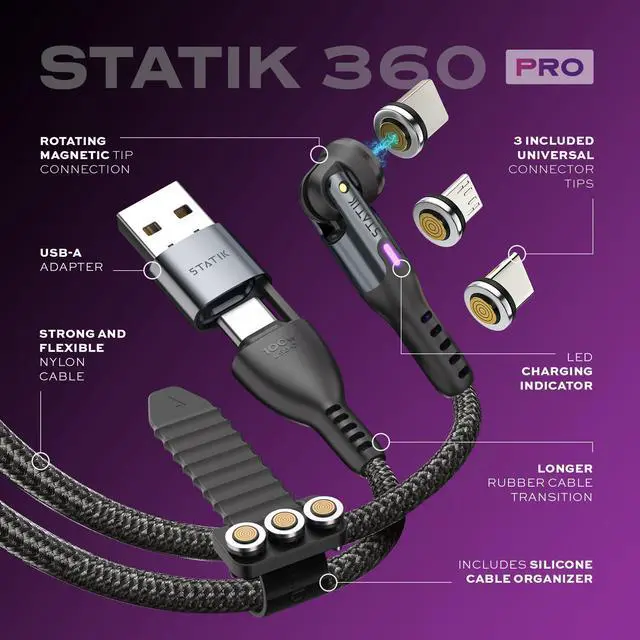 Alt view image 2 of 5 - Statik 360 Pro Magnetic Charging Cable - Type C Charger Fast Charging 3 in 1 USB C to USB C Cable, Micro USB & iProduct Tips, USB A Adapter, Fits All Devices - 100W Fast Charger, Black 6FT/2M, 3 Pack