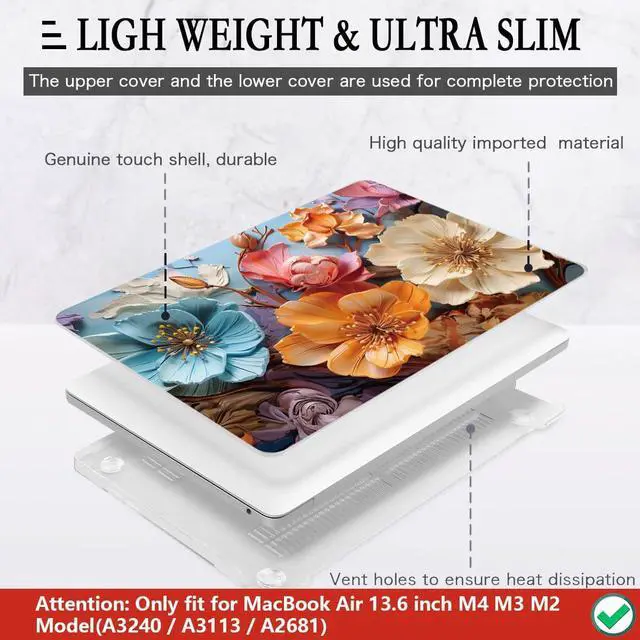 Alt view image 4 of 5 - CISSOOK for MacBook Air 13 inch M2 M3 M4 Case 2022 2023 2024 2025 Release, Flower Hard Shell Cases with Keyboard Cover OTG Adapter for MacBook Air 13.6 inch A3240 M3113 A2681