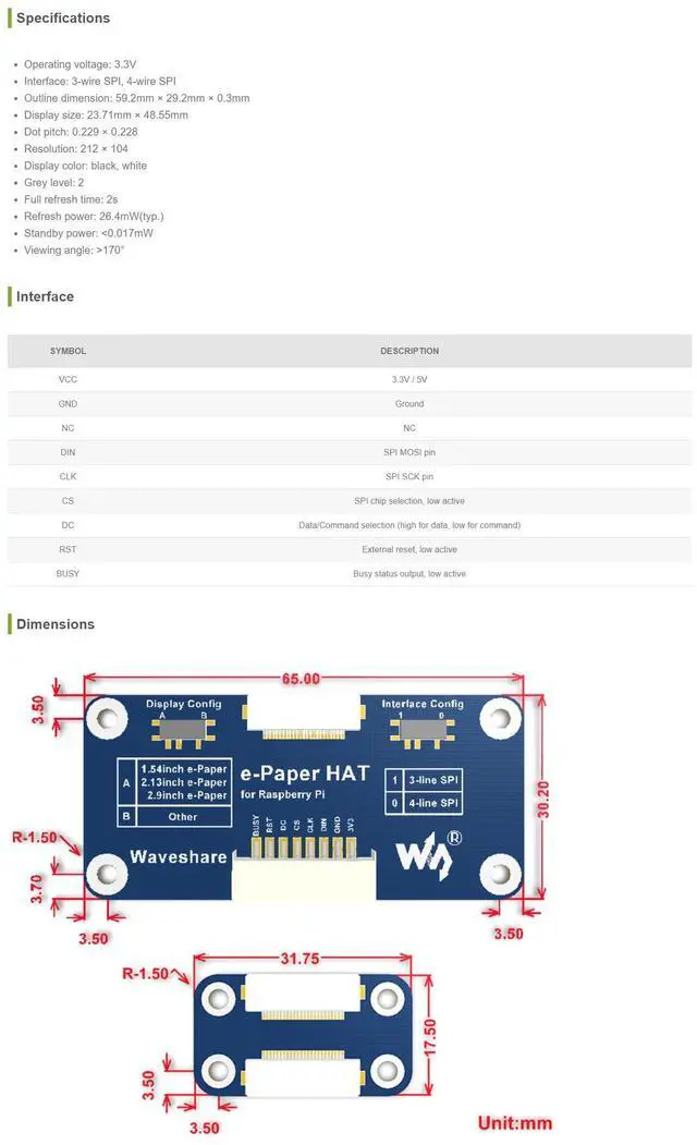 Alt view image 5 of 5 - Coolwell 2.13 Inch Flexible E-Ink Display HAT Module Black/White SPI Interface E-Paper for Raspberry Pi 2B/3B/Zero/Zero W Supports Partial Refresh for Curved Surface Display