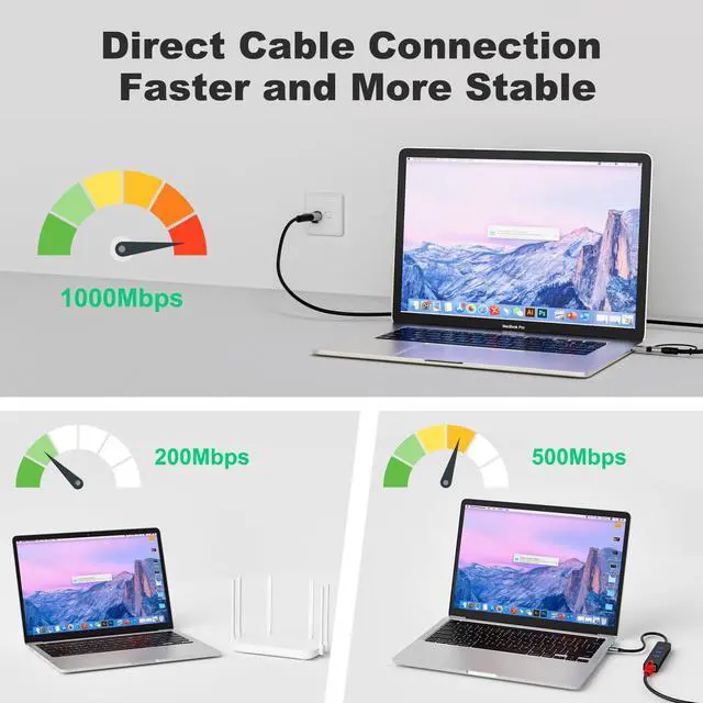 Alt view image 4 of 5 - USB to Ethernet Cable 8 FT, USB-C & USB-A Port Two in One, USB C to RJ45 Network Adapter, Gigabit High Speed, Directly Connected, Thunderbolt 4/3 Compatible with PCs, Laptops, Tablets, Smartphones