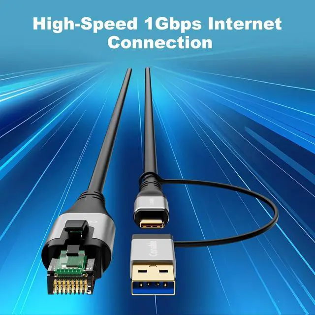 Alt view image 3 of 5 - USB to Ethernet Cable 8 FT, USB-C & USB-A Port Two in One, USB C to RJ45 Network Adapter, Gigabit High Speed, Directly Connected, Thunderbolt 4/3 Compatible with PCs, Laptops, Tablets, Smartphones