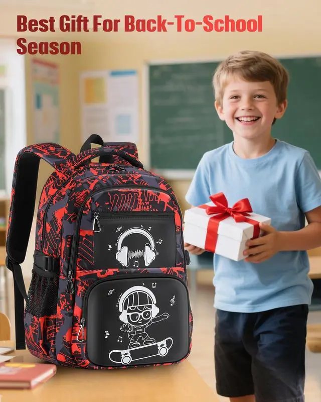 Alt view image 3 of 5 - DIMPORY School Backpack for Boys Backpacks for Kids Camo Bookbag Teens Middle School Bags Waterproof Travel Backpack-Red