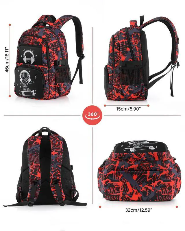 Alt view image 4 of 5 - DIMPORY School Backpack for Boys Backpacks for Kids Camo Bookbag Teens Middle School Bags Waterproof Travel Backpack-Red
