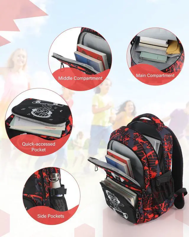 Alt view image 5 of 5 - DIMPORY School Backpack for Boys Backpacks for Kids Camo Bookbag Teens Middle School Bags Waterproof Travel Backpack-Red