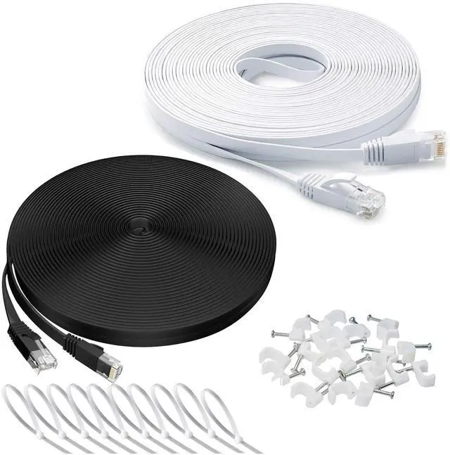 Main image of DAYEDZ Ethernet Cable 100 ft 2 Pack Cat 6 Flat Cable Ethernet Cord, Slim Long Cat6 High Speed Computer Router Network LAN Patch Wire with Clips & Rj45,Faster Than Cat5e/Cat5,100 feet White+Black Cable