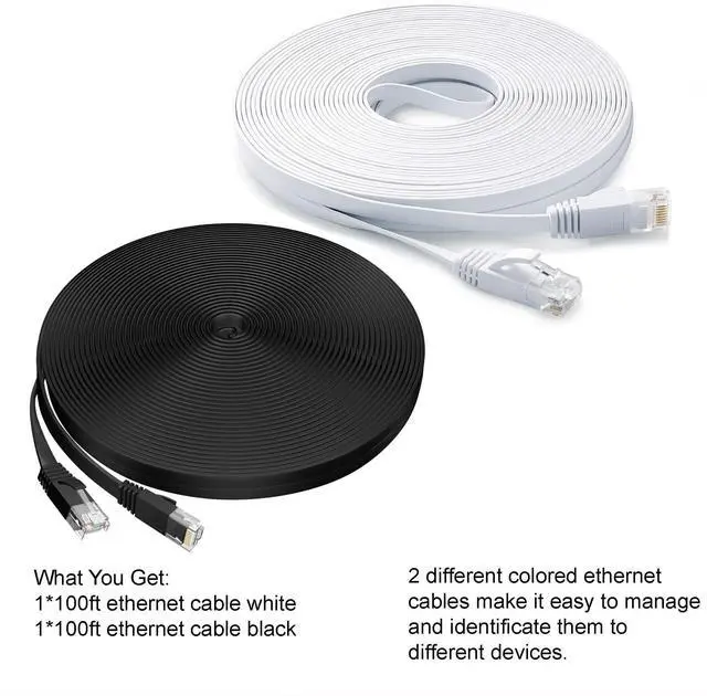 Alt view image 4 of 5 - DAYEDZ Ethernet Cable 100 ft 2 Pack Cat 6 Flat Cable Ethernet Cord, Slim Long Cat6 High Speed Computer Router Network LAN Patch Wire with Clips & Rj45,Faster Than Cat5e/Cat5,100 feet White+Black Cable