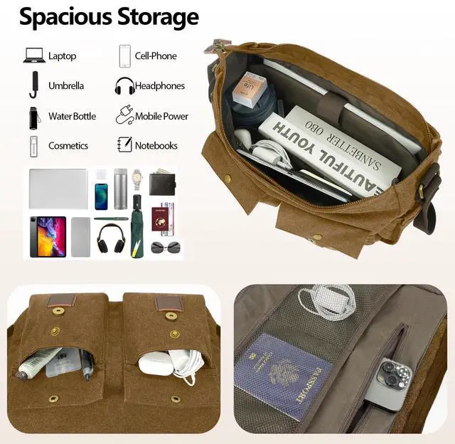 Alt view image 3 of 5 - densata Messenger Bag for Men,15.6 Inch Laptop Bag, Vintage Water-resistant Waxed Canvas Satchel Bags, Leather Briefcase for School Work Travel (Brown)