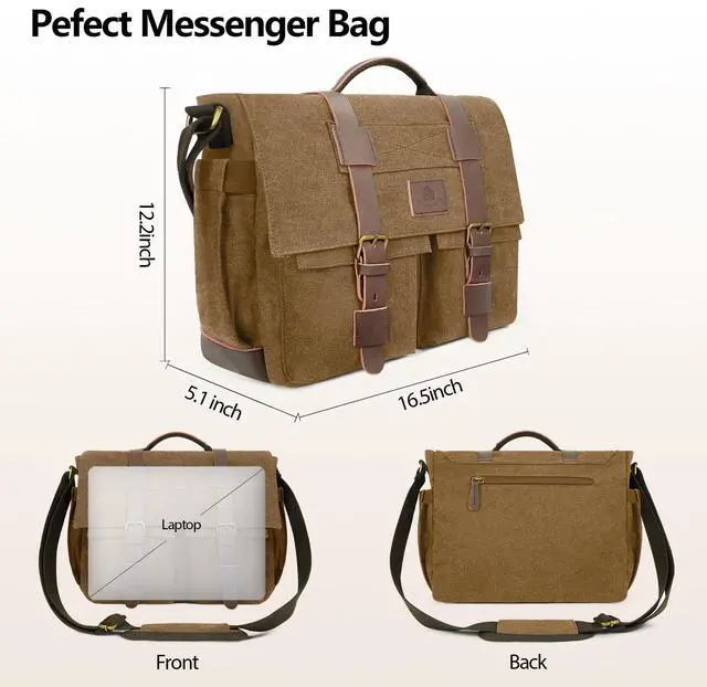 Alt view image 4 of 5 - densata Messenger Bag for Men,15.6 Inch Laptop Bag, Vintage Water-resistant Waxed Canvas Satchel Bags, Leather Briefcase for School Work Travel (Brown)