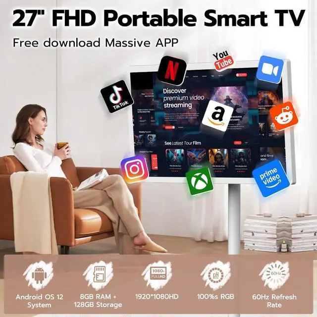 Alt view image 4 of 5 - Dhiedas 27-Inch Portable Rolling TV, 1080P Smart Portable Wireless Touch Screen TV on Wheels with 8G RAM+128G Storage, 13MP HD Camera, Dua Speakers, Larger Battery Up to 10hr, 60Hz Refresh Rate