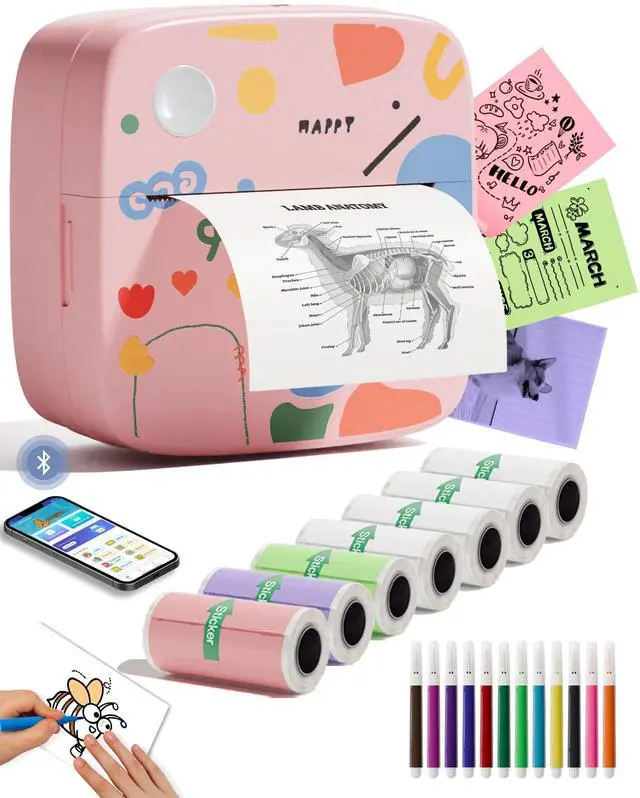 Main image of Sticker Printer Print Pod, Mini Portable Printers with 8 Rolls Paper, Inkless Sticker Maker Bluetooth Pocket Printer for Organization,DIY,Crafts,Journal,Study,Work,Label Compatible Phone&Tablet (Pink)