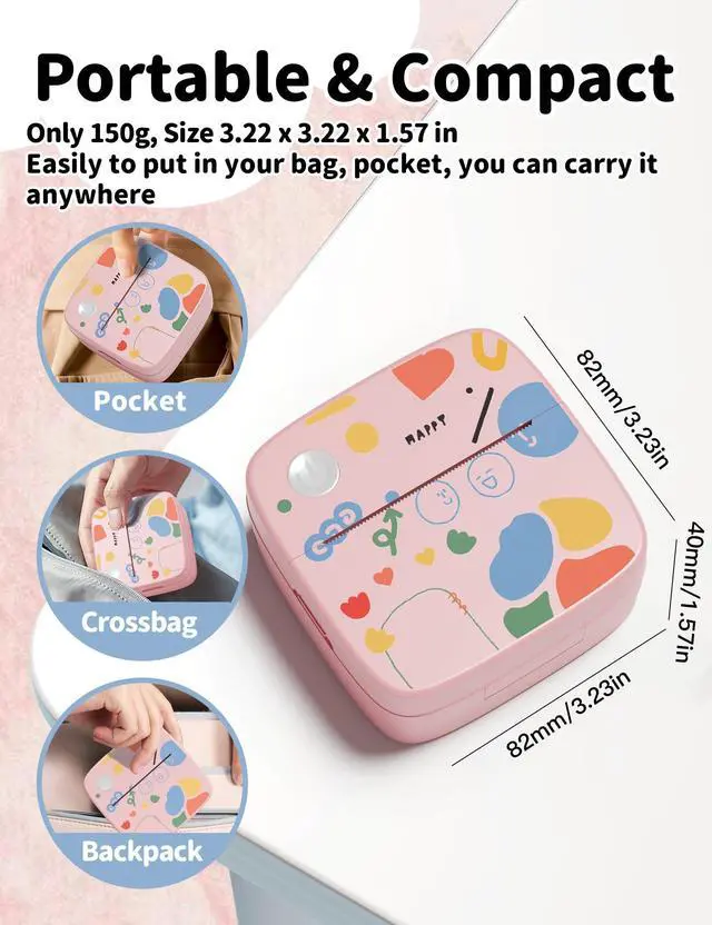 Alt view image 2 of 5 - Sticker Printer Print Pod, Mini Portable Printers with 8 Rolls Paper, Inkless Sticker Maker Bluetooth Pocket Printer for Organization,DIY,Crafts,Journal,Study,Work,Label Compatible Phone&Tablet (Pink)