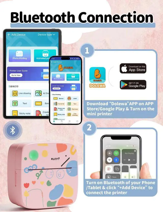 Alt view image 3 of 5 - Sticker Printer Print Pod, Mini Portable Printers with 8 Rolls Paper, Inkless Sticker Maker Bluetooth Pocket Printer for Organization,DIY,Crafts,Journal,Study,Work,Label Compatible Phone&Tablet (Pink)