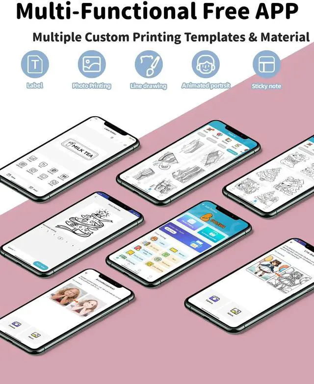 Alt view image 5 of 5 - Sticker Printer Print Pod, Mini Portable Printers with 8 Rolls Paper, Inkless Sticker Maker Bluetooth Pocket Printer for Organization,DIY,Crafts,Journal,Study,Work,Label Compatible Phone&Tablet (Pink)
