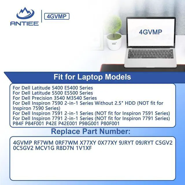 Alt view image 3 of 5 - 4GVMP 68Wh Laptop Battery Replacement for Dell Latitude 5400 5500 Precision 3540 3550 Inspiron 7590/7591/7791 2-in-1 P84F P84F001 P42E P42E001 P80F001 P98G001 RF7WM X77XY C5GV2 1V1XF R8D7N 7.6V 4-Cell