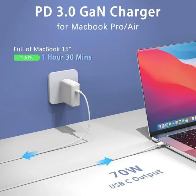 Alt view image 2 of 5 - 70W GaN USB C Charger Compatible with Mac Book Air 13 15 inch Mac Book Pro 13 14 16 inch 2020 2021 2022 2023 2024 Laptop AC Adapter,Charging for iPad Pro,All USB C Device,C to C Power Cord Supply