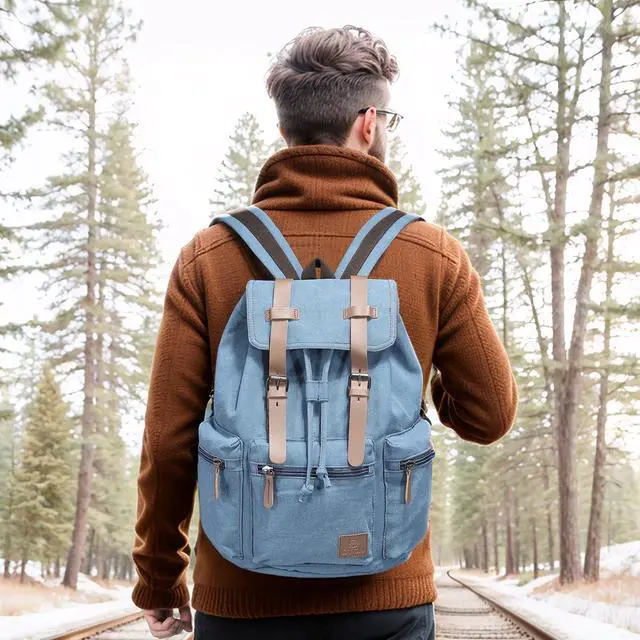 Alt view image 2 of 5 - DTGN Vintage Canvas Backpack for Men & Women, Durable Casual Daypack with Leather Accent, Fits for College, Work, Travel, & Outdoor, Blue